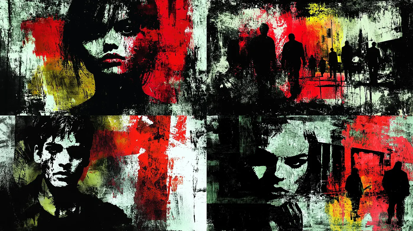 Gritty Noir Expressionism with a Crimson Emphasis - Midjourney sref style
