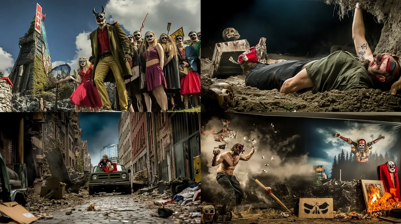 Apocalyptic Revelry: A Fusion of Cinematic Chaos and Dark Comedy - Midjourney sref style