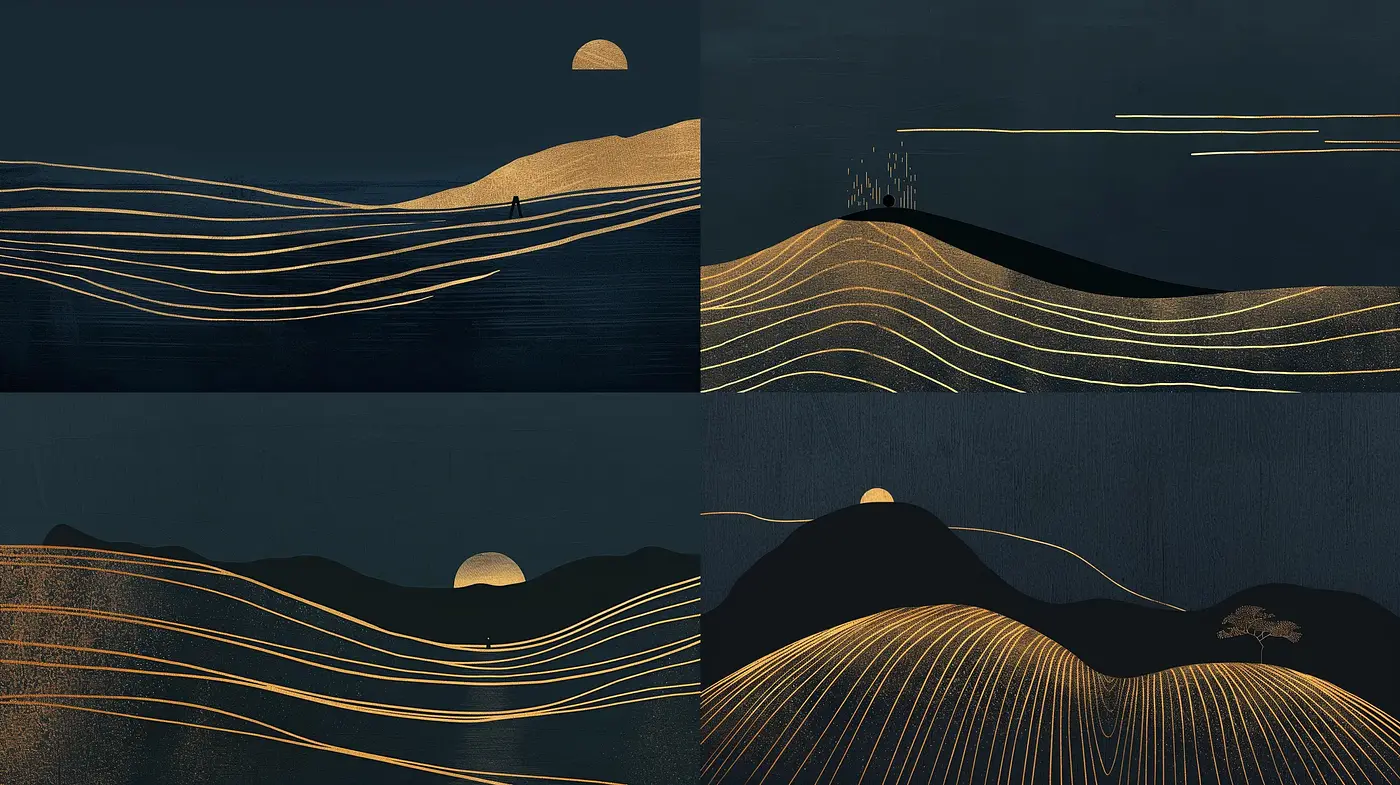 Serenely Textured Nocturne Dunescape with Golden Linear Accents - Midjourney sref style