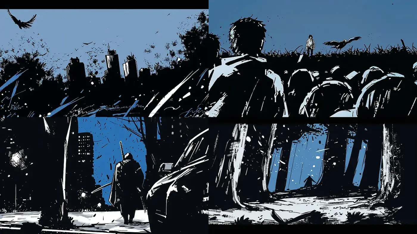 Dynamic and Gritty Noir with a Touch of Urban Isolation - Midjourney sref style