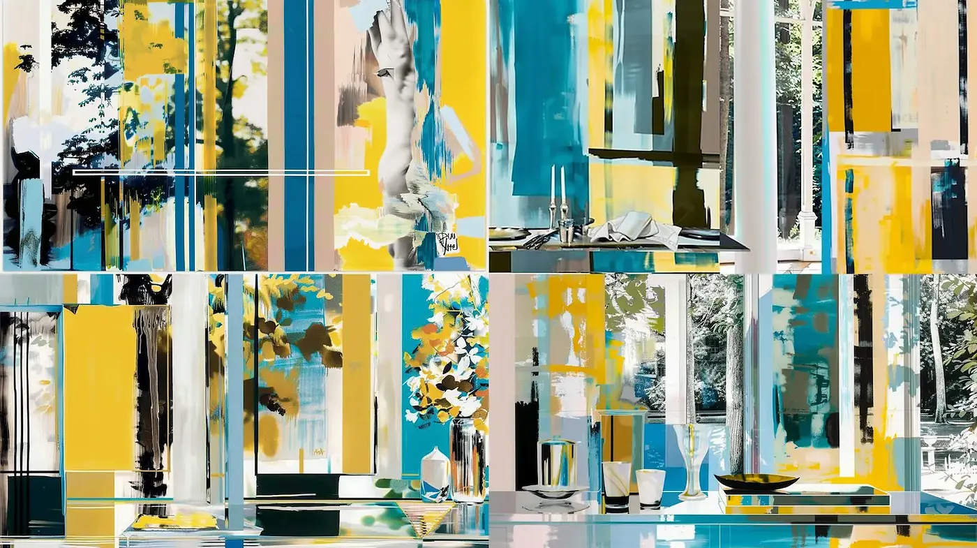 Contemporary abstract interior scenes with vibrant colors and geometric influences - Midjourney sref style