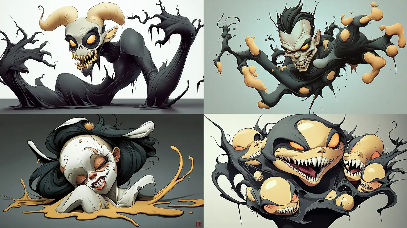 Sinister Whimsy: A Harrowing Dance with Dark Cartoonish Exaggeration - Midjourney sref style