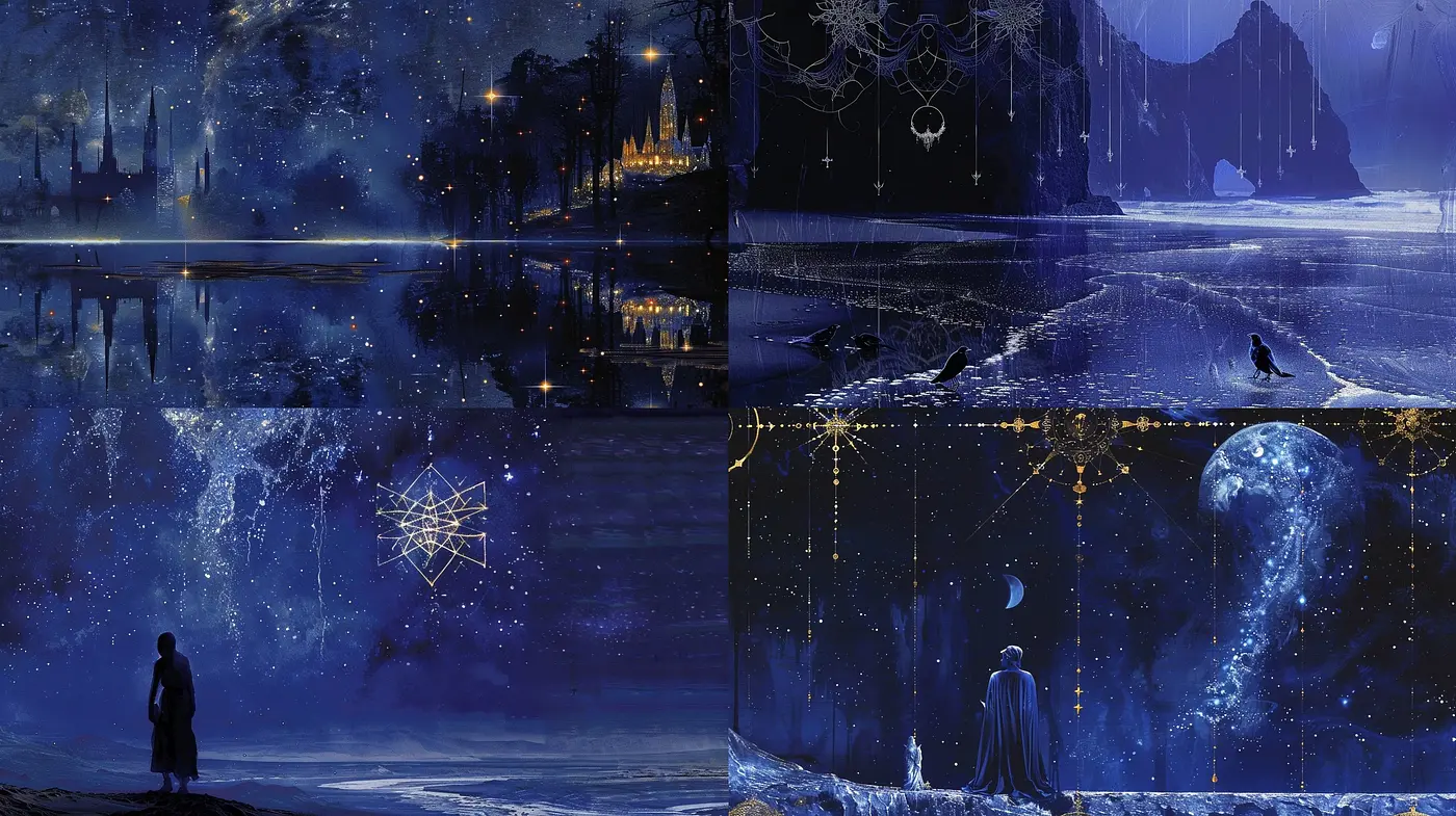 Nocturnal Elegance: A Synchronous Dance of Midnight Blues and Ethereal Elements - Midjourney sref style