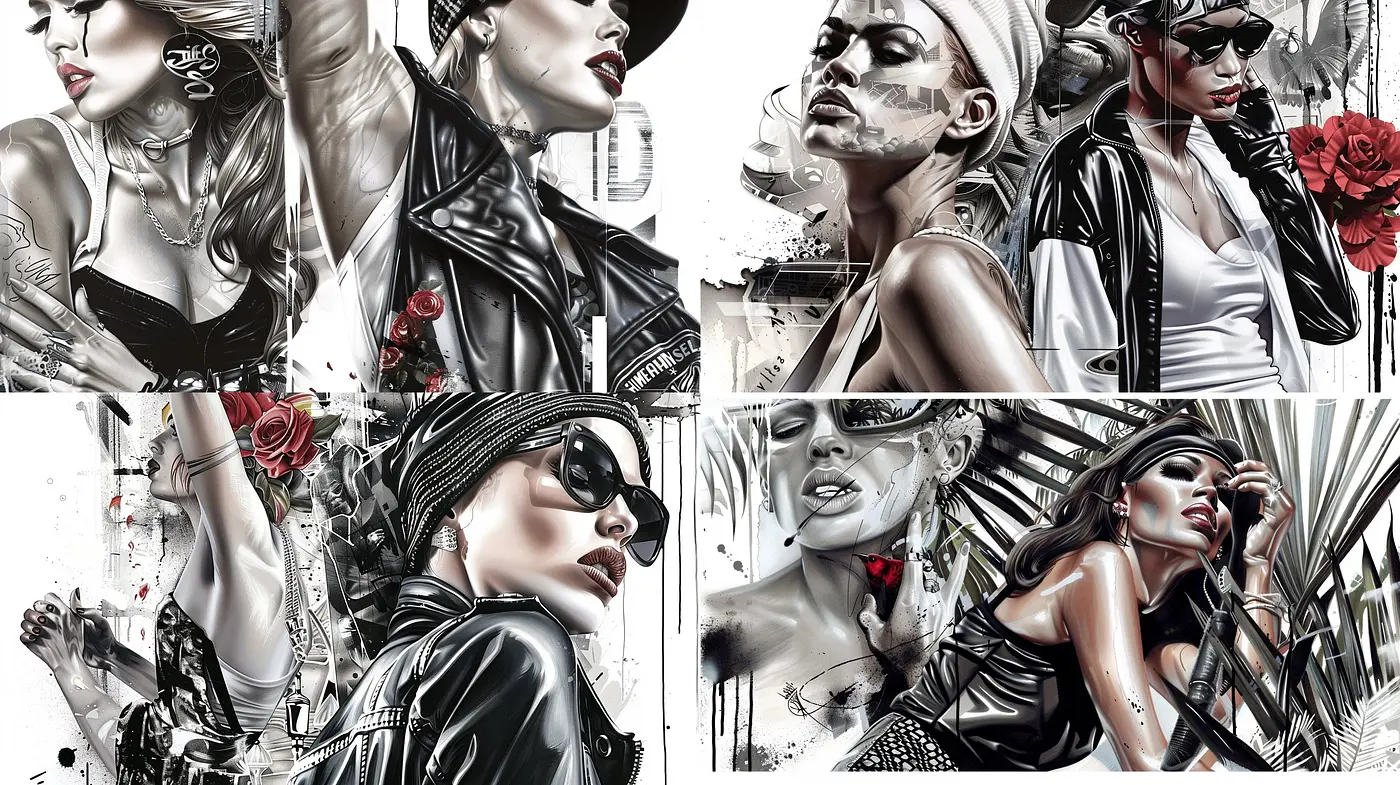 Monochrome Elegance with Expressive Red Accents: A Contemporary Digital Fusion - Midjourney sref style