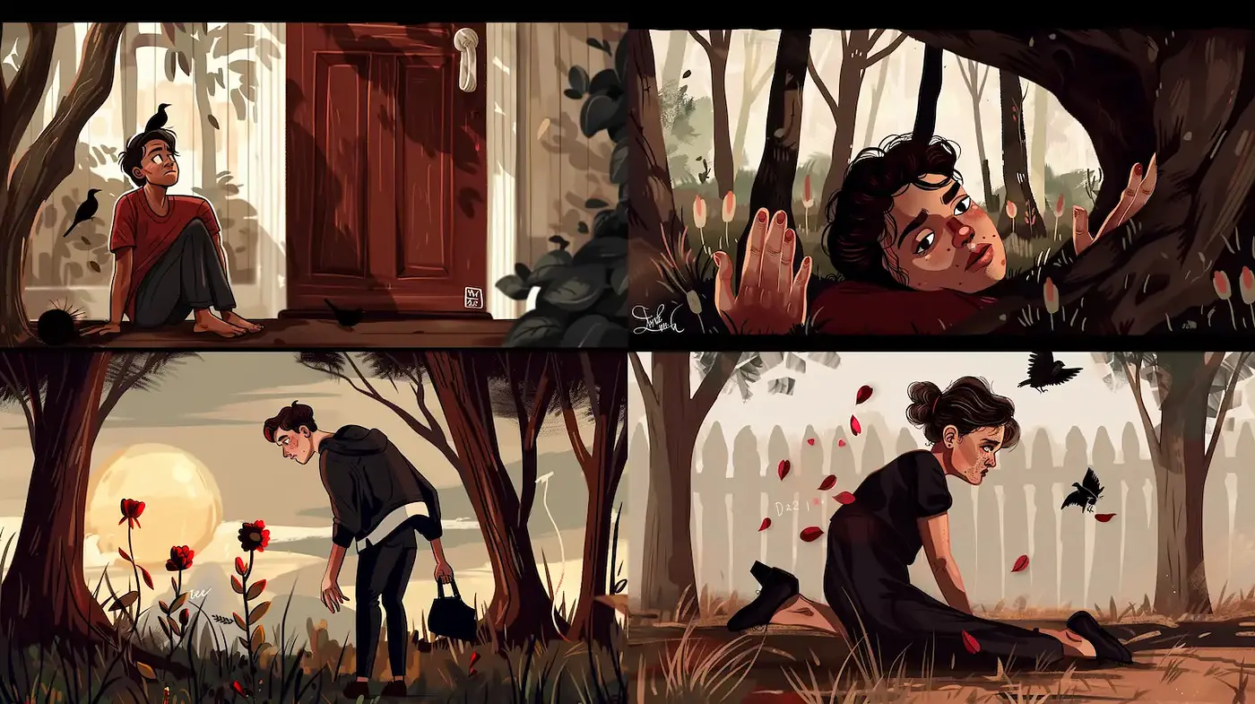 Whimsical yet poignant digital illustrations with a reflective mood and narrative depth - Midjourney sref style