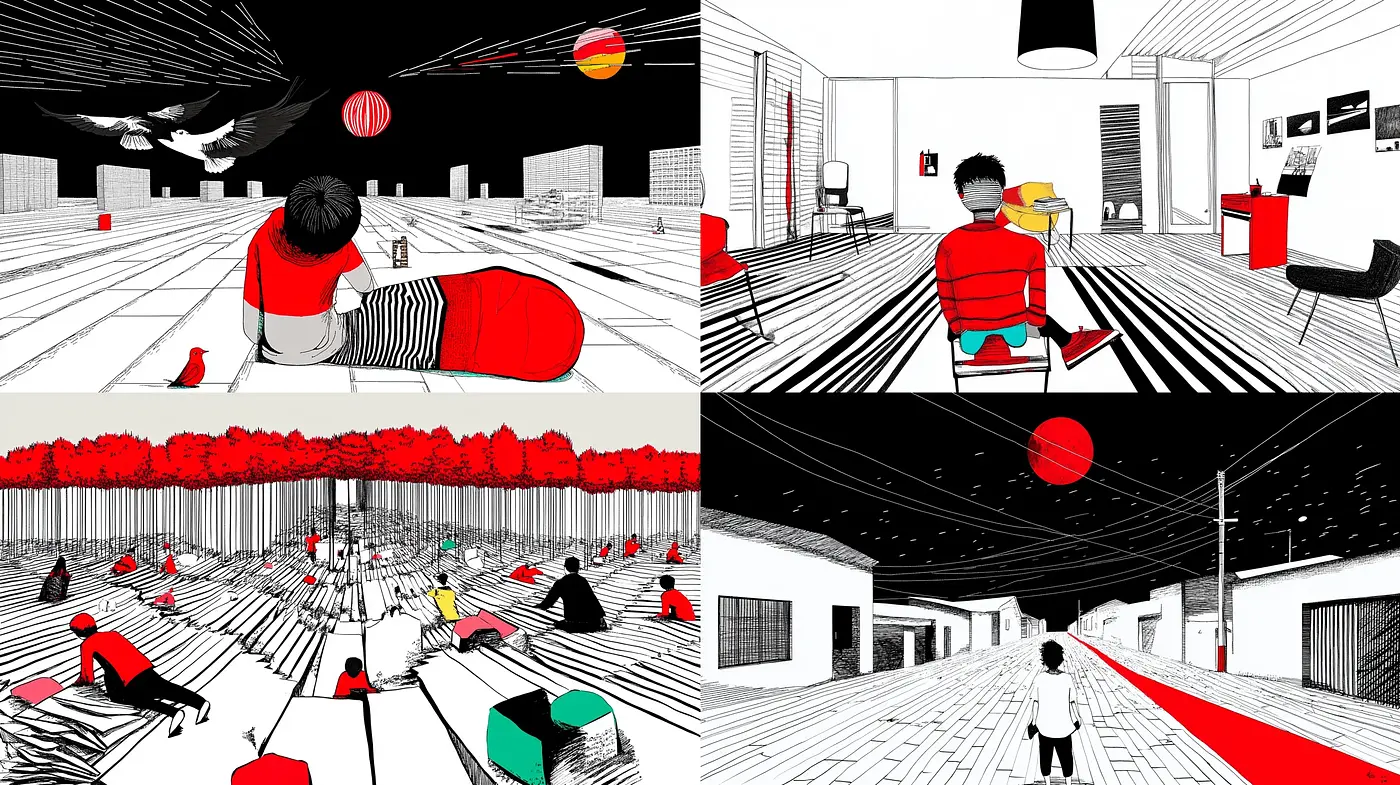 Monochromatic Red Highlights in Stylized Perspective Vistas - Midjourney sref style