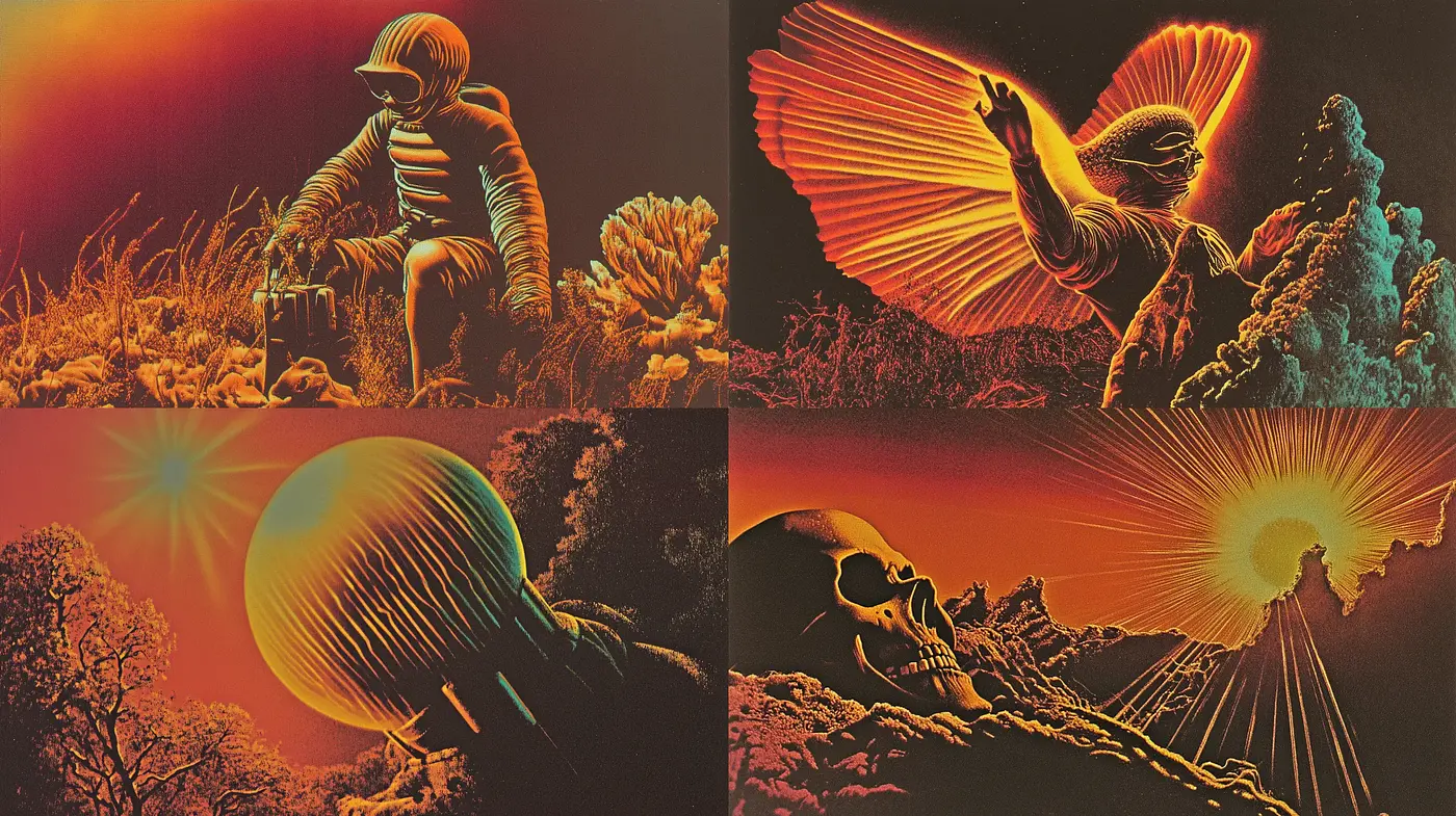 Fiery Retrofuturistic Visions with Surrealist Overtones - Midjourney sref style