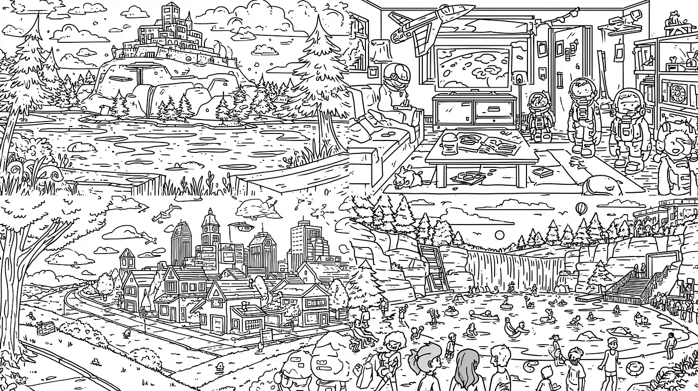 Whimsical Cartoon Landscape with Playful Elements and Detailed Line Art - Midjourney sref style