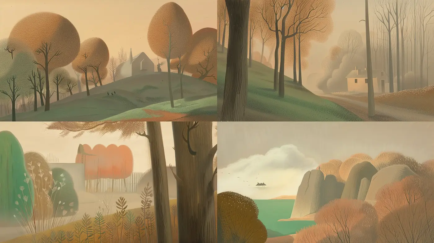 Consistent Pastoral Hues in Simplified Landscape Impressions - Midjourney sref style