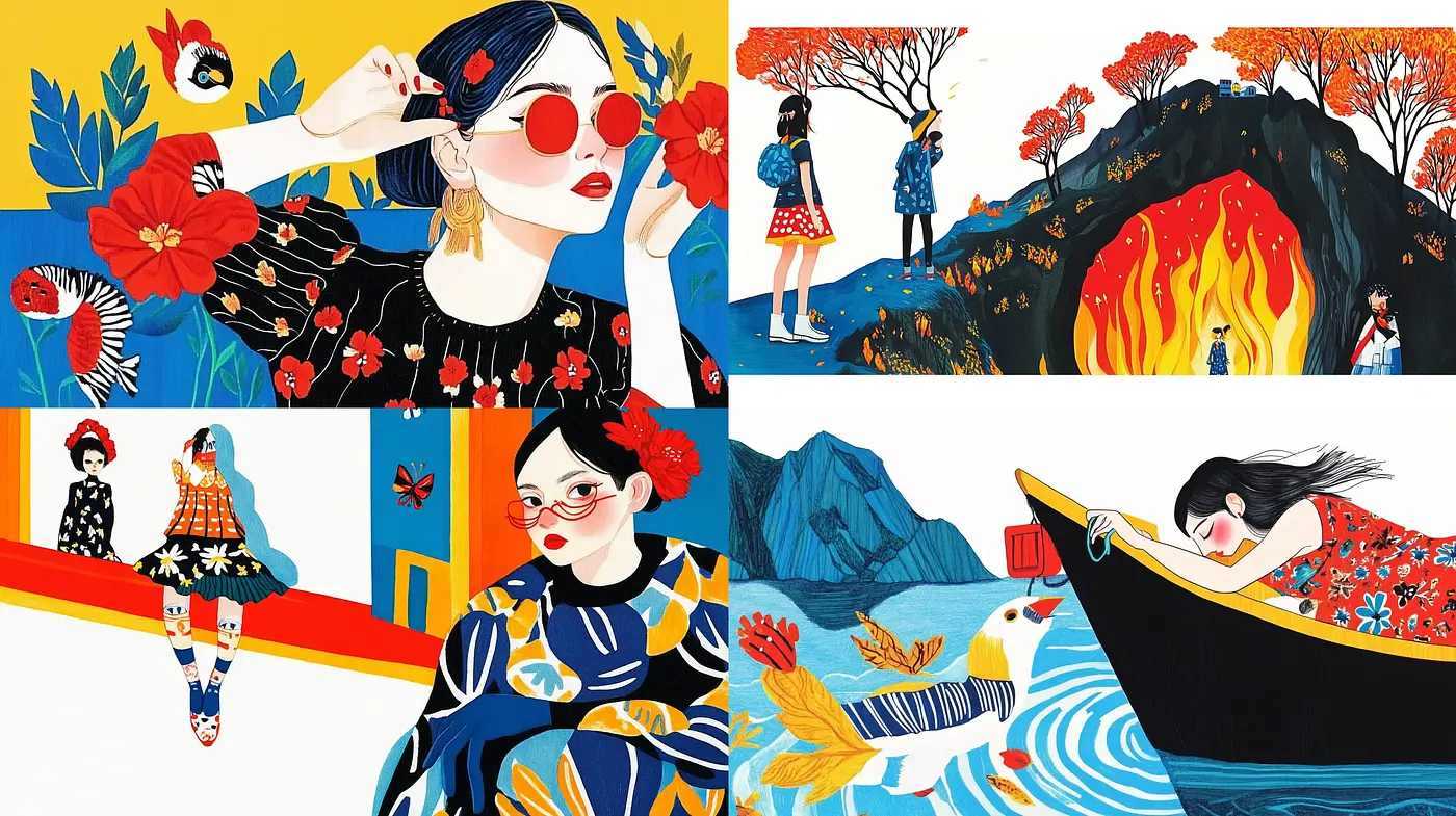 Energetic Contrast of Folk Art Fusion with a Modern Graphic Influence - Midjourney sref style