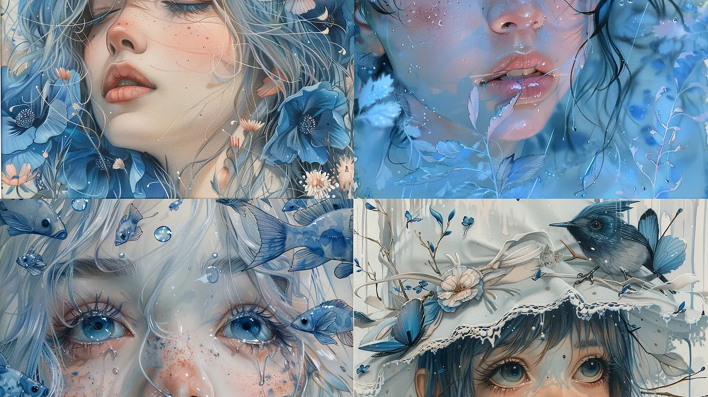 Ethereal Blue Dreamscape: A Study in Monochromatic Whimsy and Textural Serenity - Midjourney sref style