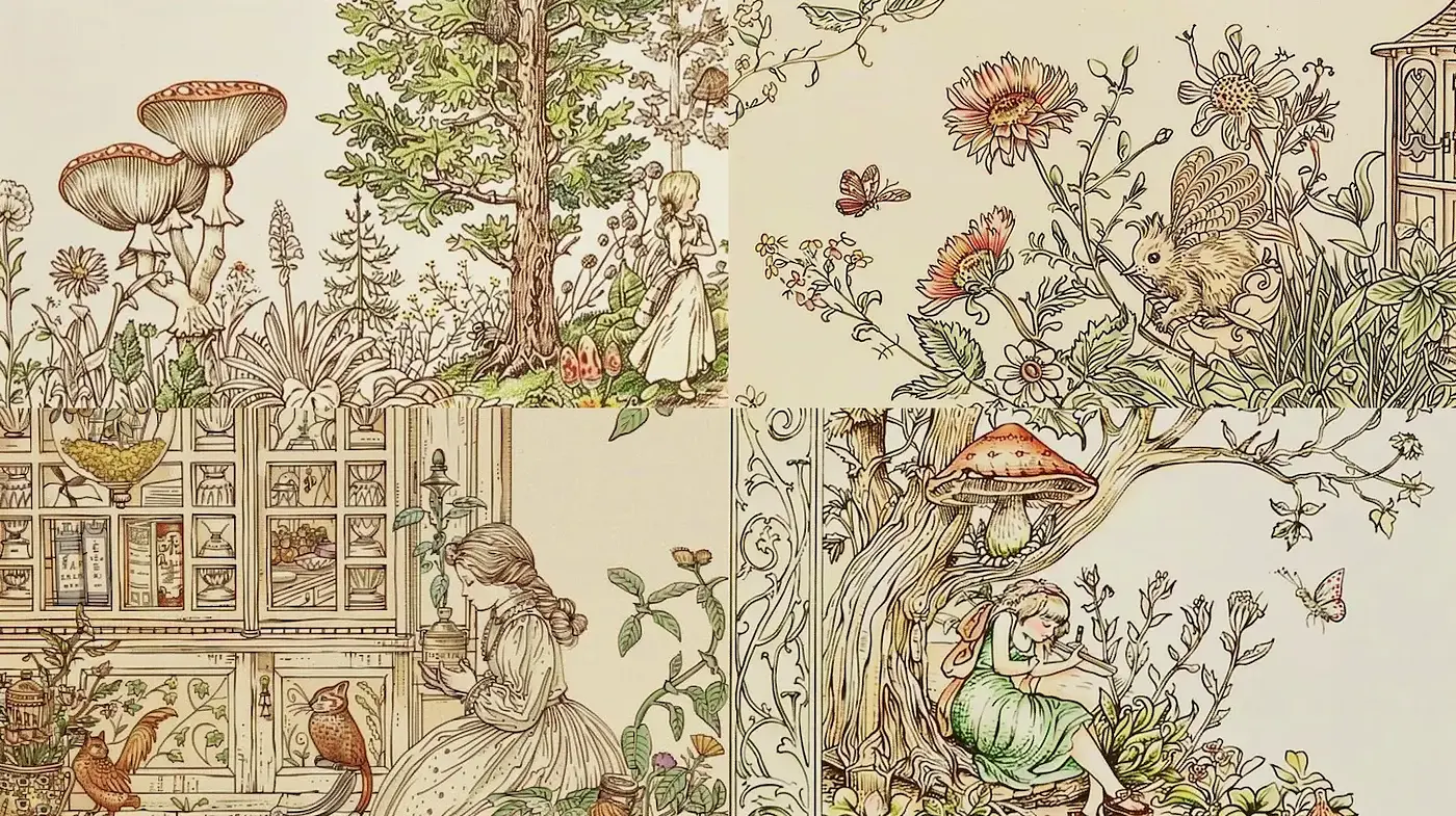 Whimsical Nature Illustrations with a Nostalgic and Detailed Aesthetic - Midjourney sref style