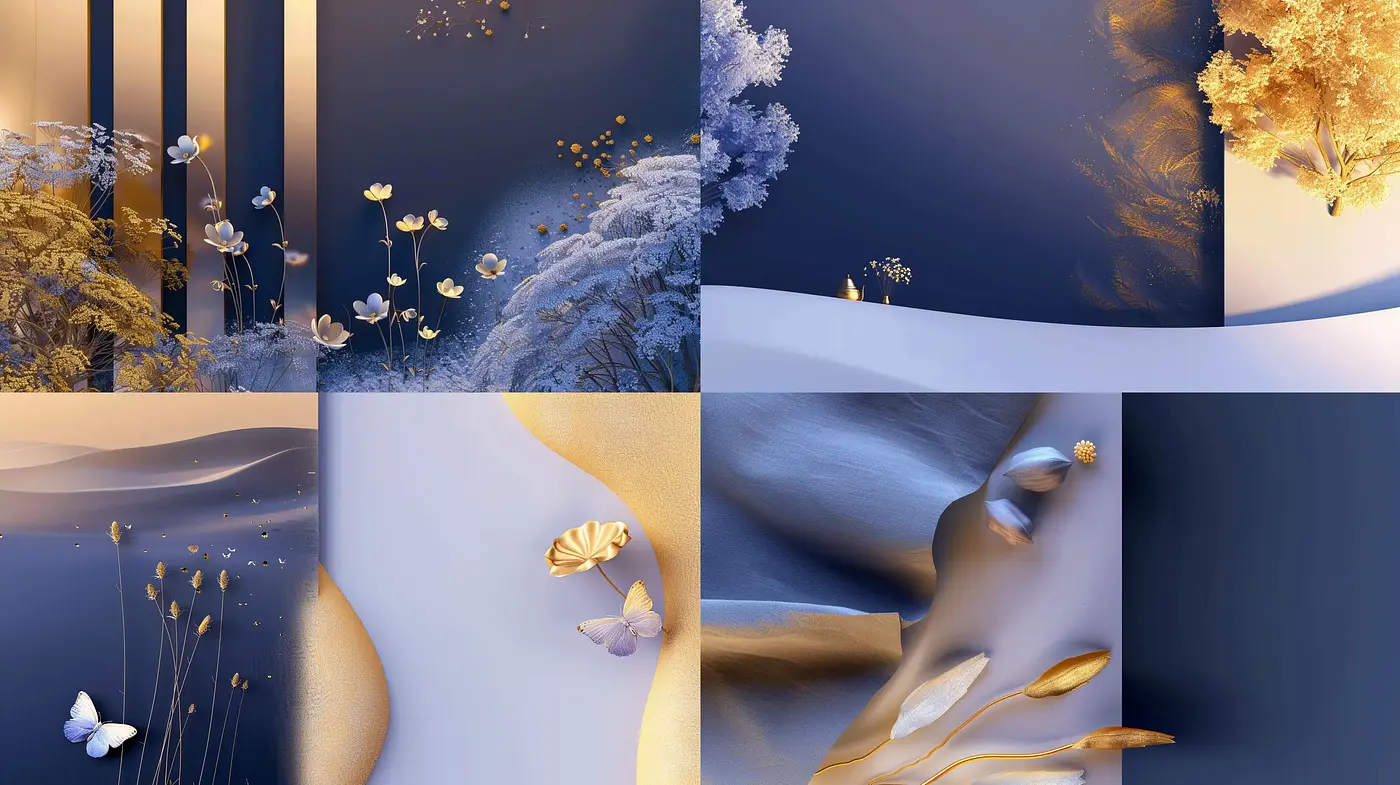 Ethereal Botanical Dreamscapes in Midnight Blue and Gold - Midjourney sref style
