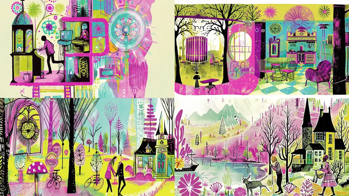 Vibrant and Whimsical Illustration Style with Retro Influences - Midjourney sref style