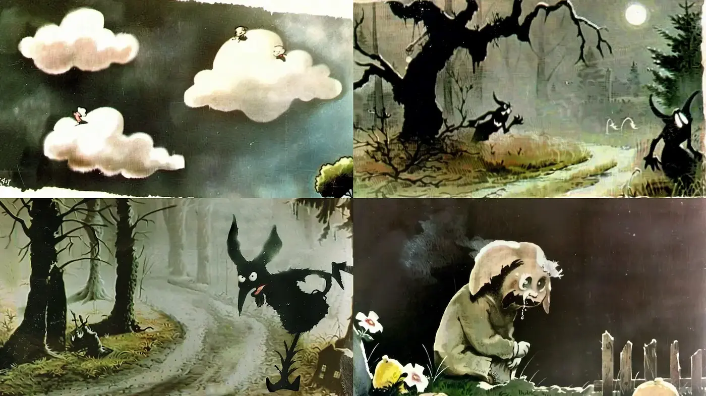Whimsical yet eerie illustrations with a vintage touch - Midjourney sref style