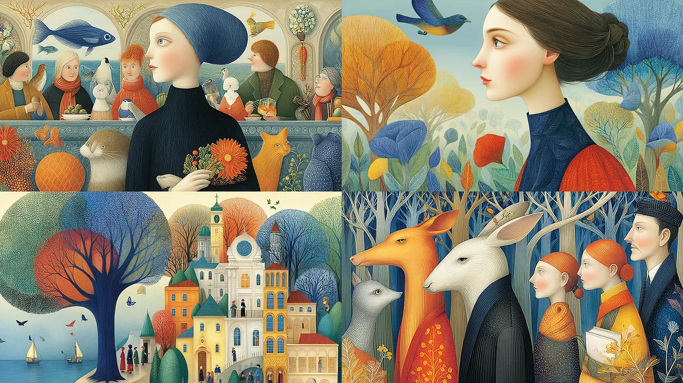 Whimsical and Dreamlike Illustrative Style Incorporating Nature and Human Elements - Midjourney sref style