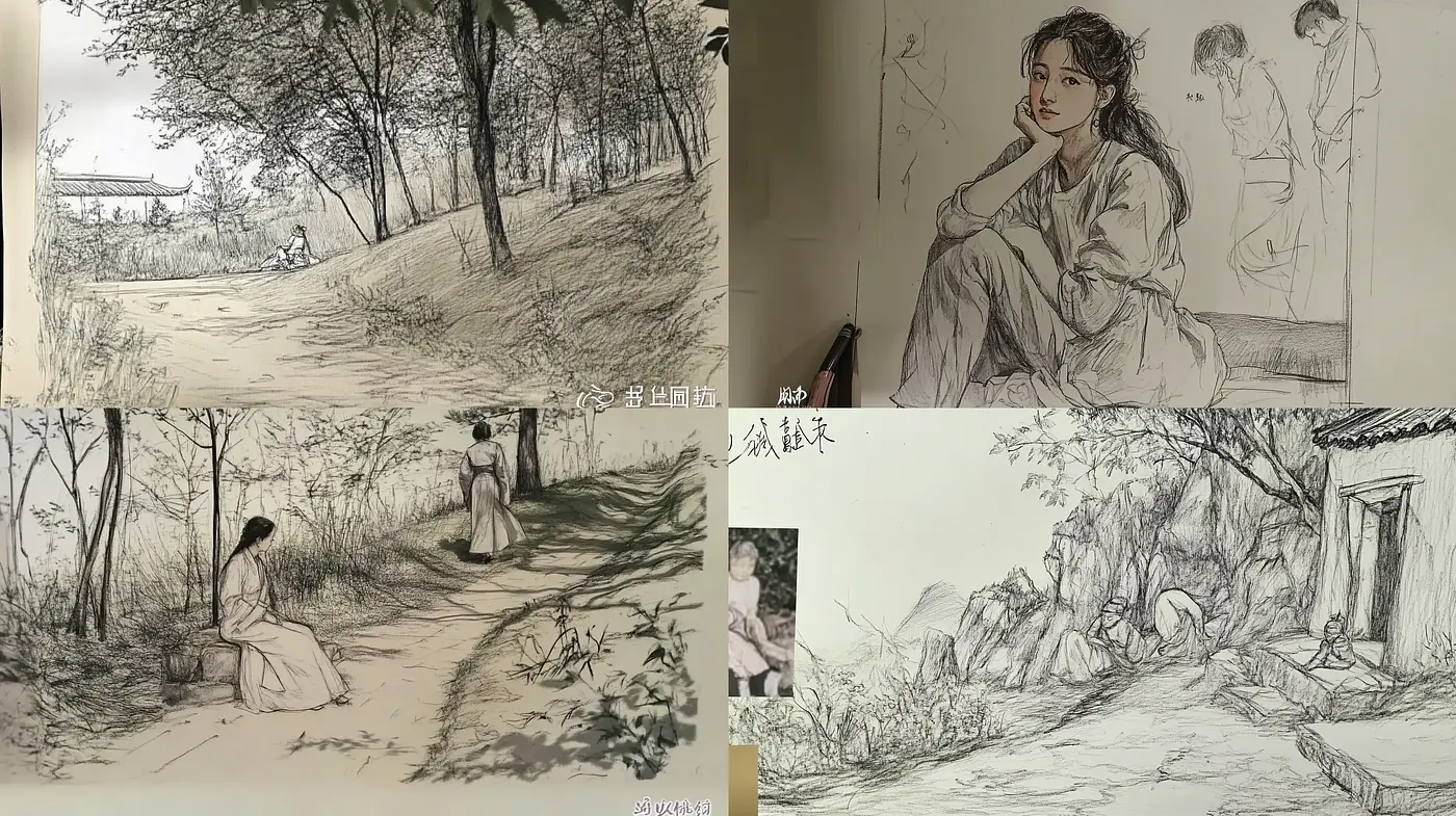Sketchbook Reverie: Monochrome Glimpses of Idyllic Moments - Midjourney sref style