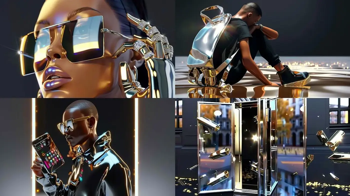 Futuristic Glamour with Sleek Metallic Accents and Bold Visual Techniques - Midjourney sref style