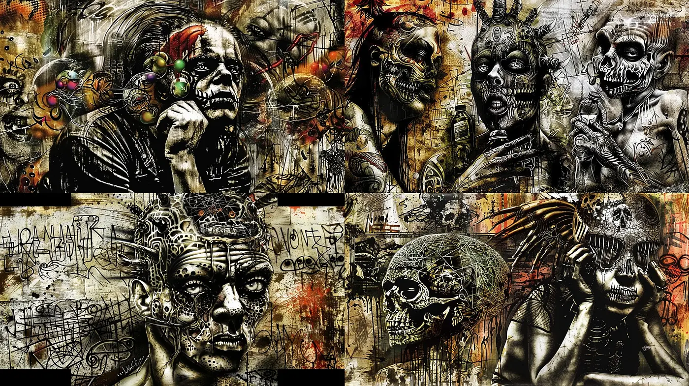 Dystopian Fusion of Graffiti Art and Surrealism: An Edgy Dance with Chaos - Midjourney sref style