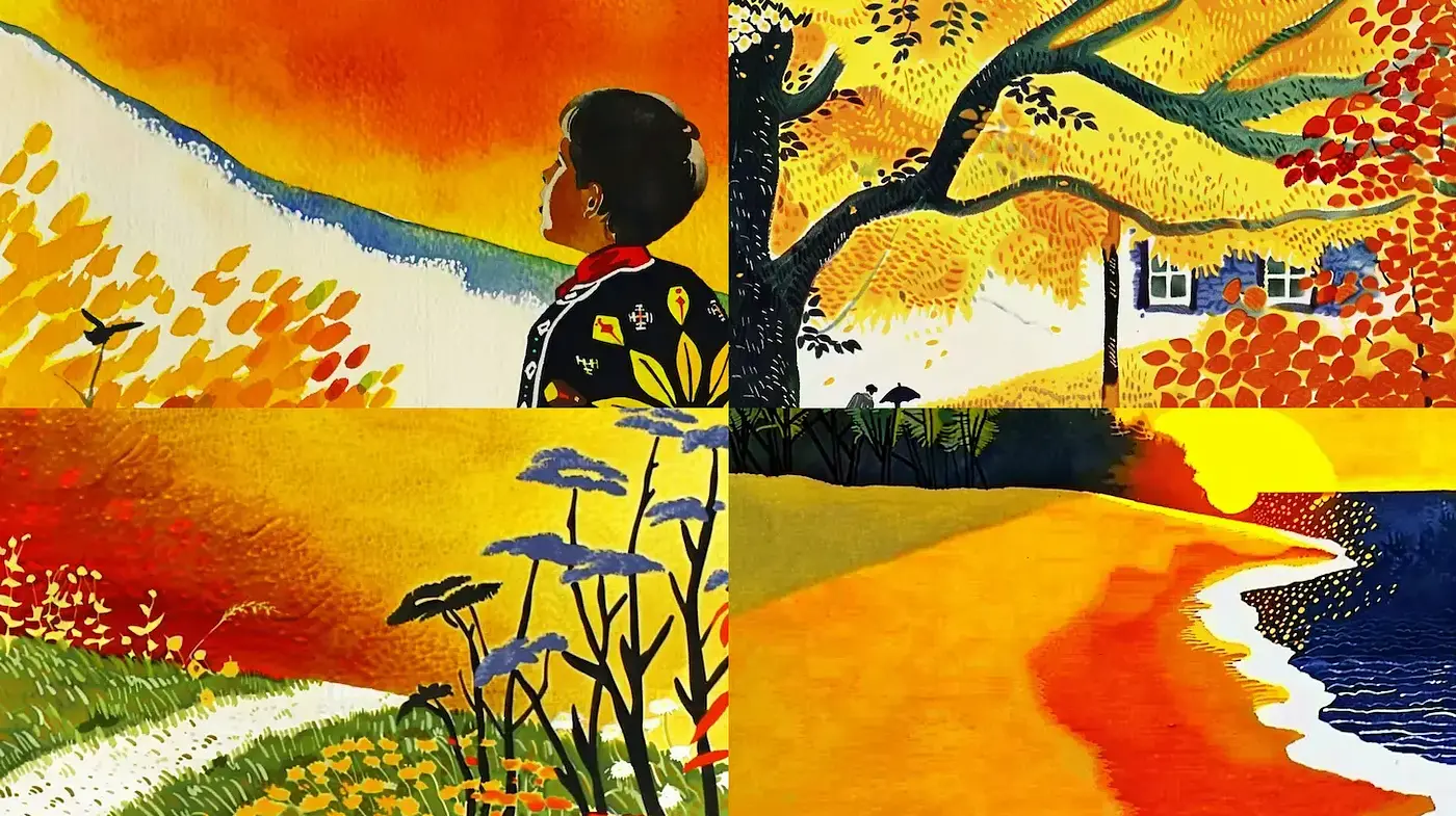 Vibrant autumn landscapes with textured watercolor influences - Midjourney sref style