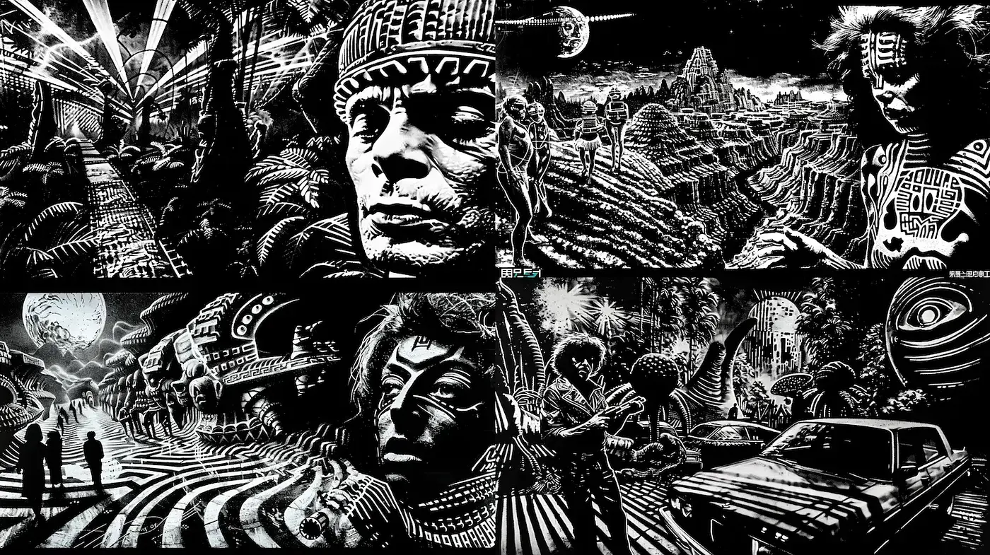 Monochromatic Echoes of Ancient Narratives - Midjourney sref style
