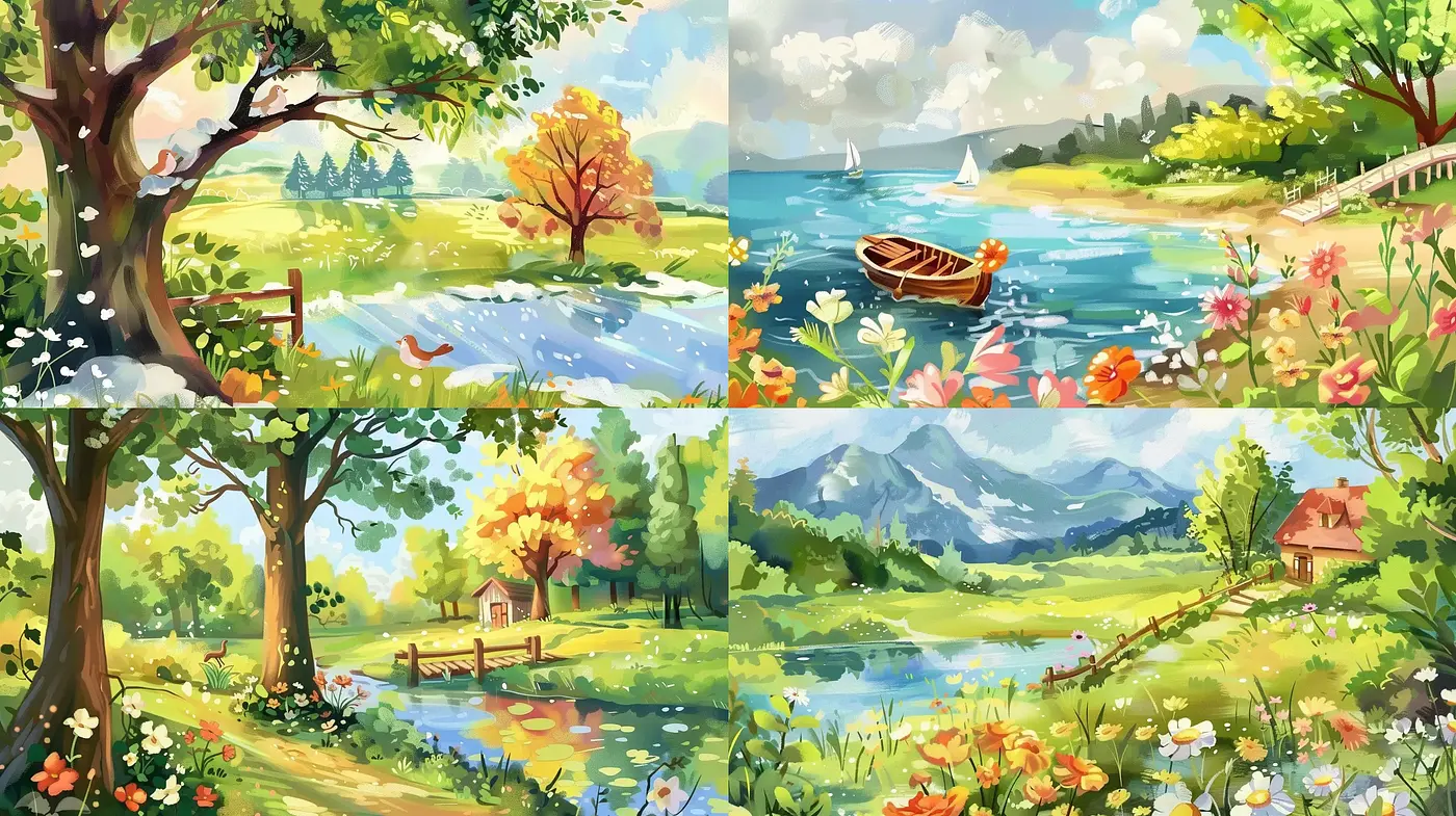 Serene Pastoral Impressions with Vivid Color Overlays - Midjourney sref style