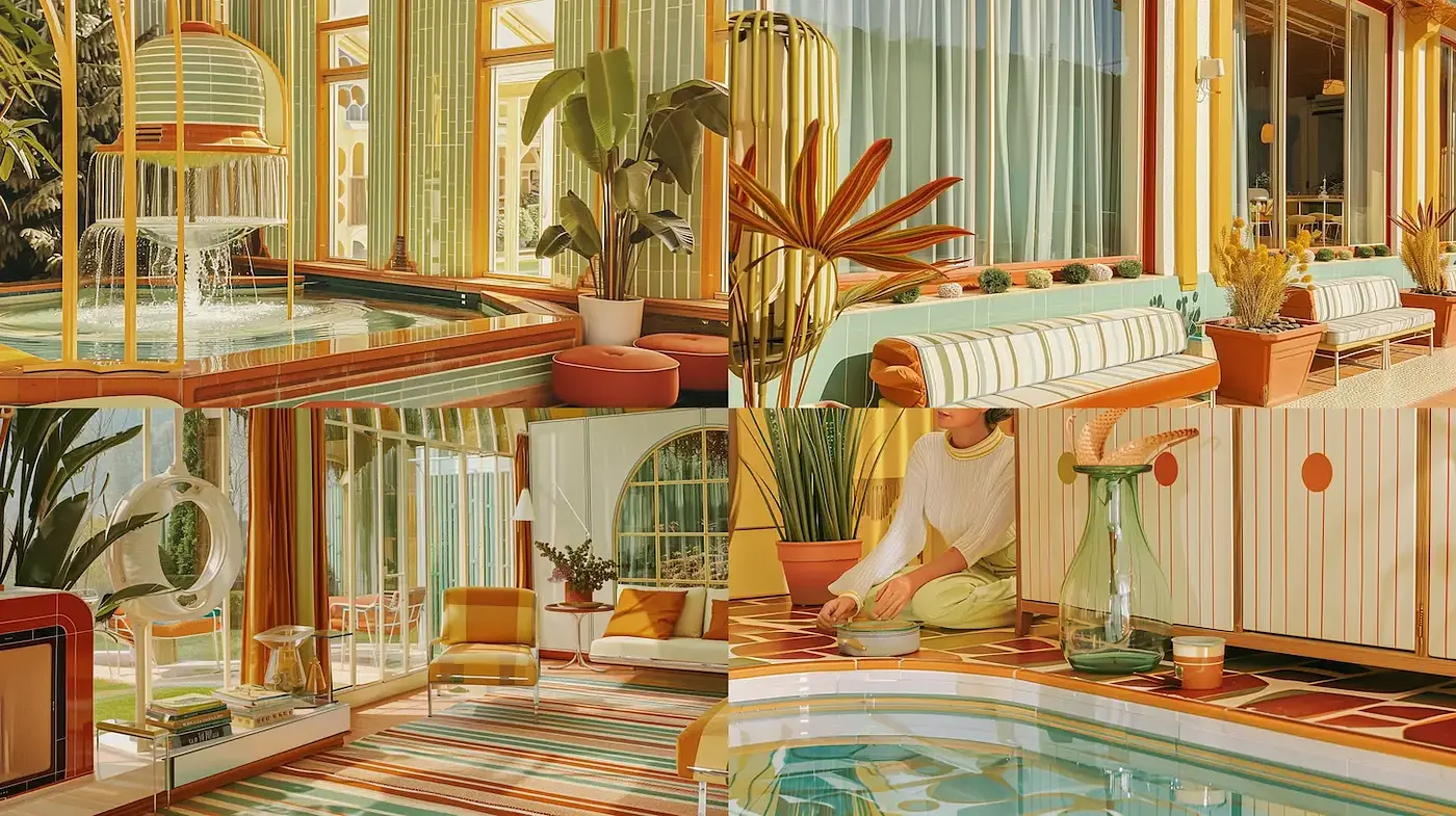 Retro-inspired interiors with bold geometric patterns and vibrant colors - Midjourney sref style