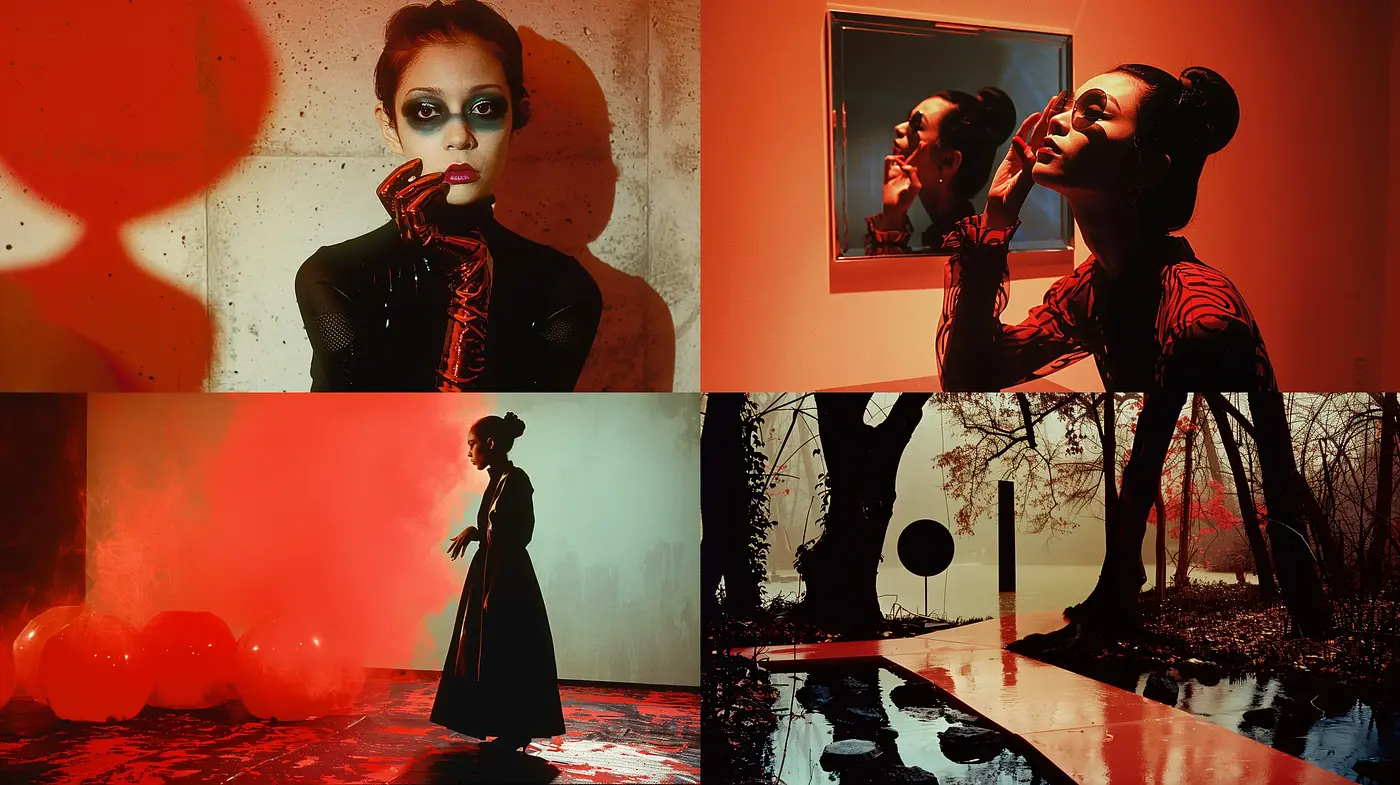 Crimson Elegance: A Synthesis of Surrealism and Neo-Noir Aesthetics - Midjourney sref style