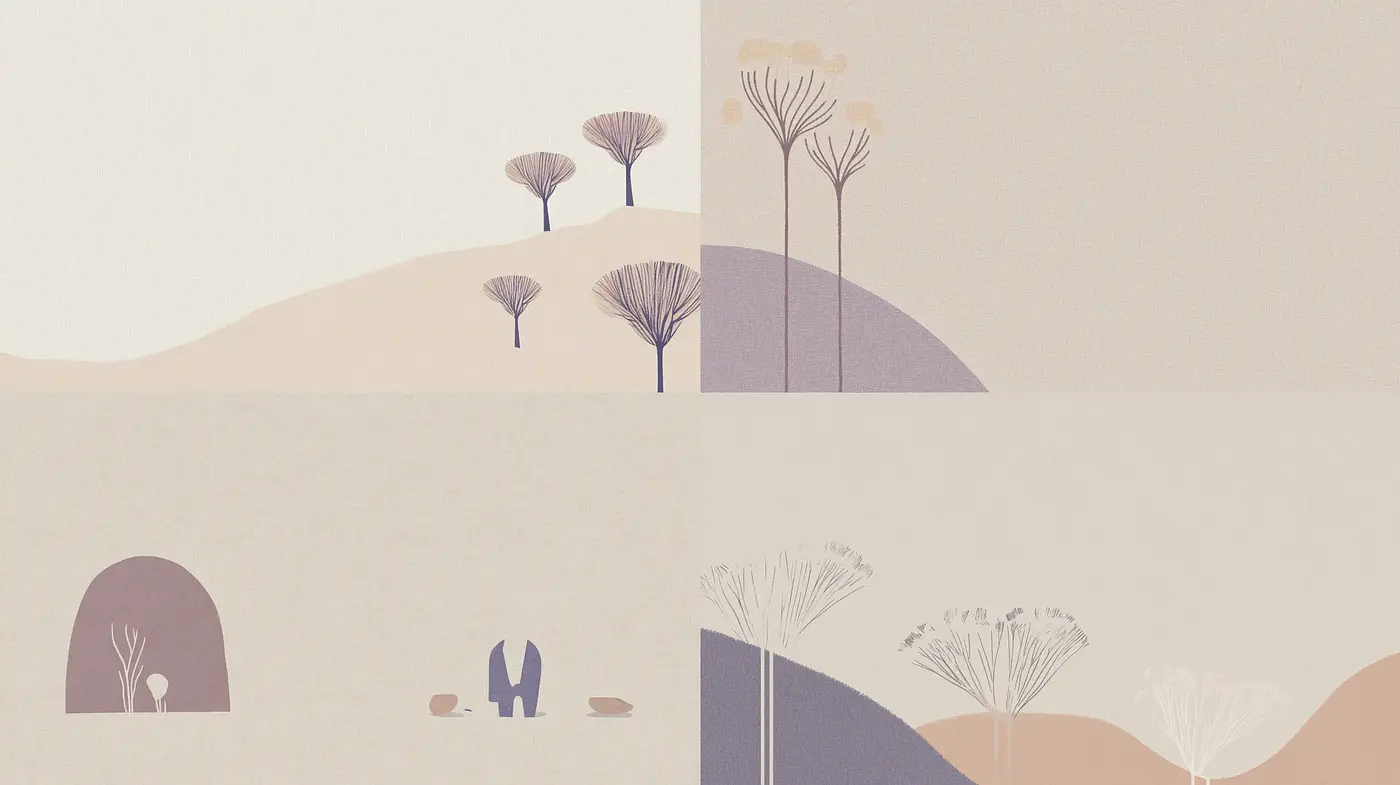 Subdued Pastel Landscapes with Minimalist Strokes and Geometric Influence - Midjourney sref style