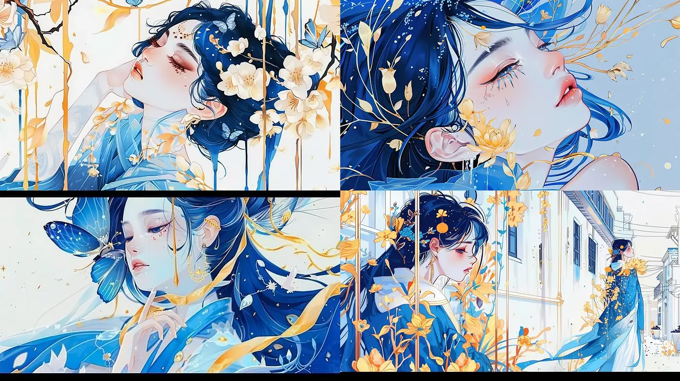 Ethereal Floral Whispers in Cobalt and Gold - Midjourney sref style