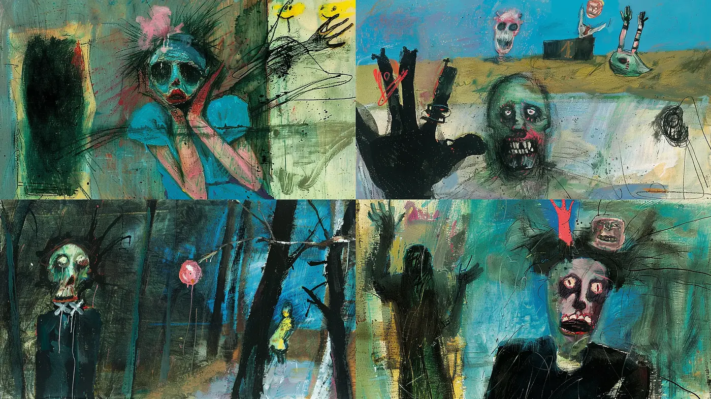 Eerily Whimsical Expressions Amidst Chaotic Brushstrokes - Midjourney sref style