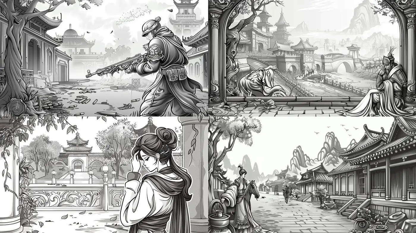 Monochromatic Oriental Engravings with Intricate Details and Serene Compositions - Midjourney sref style