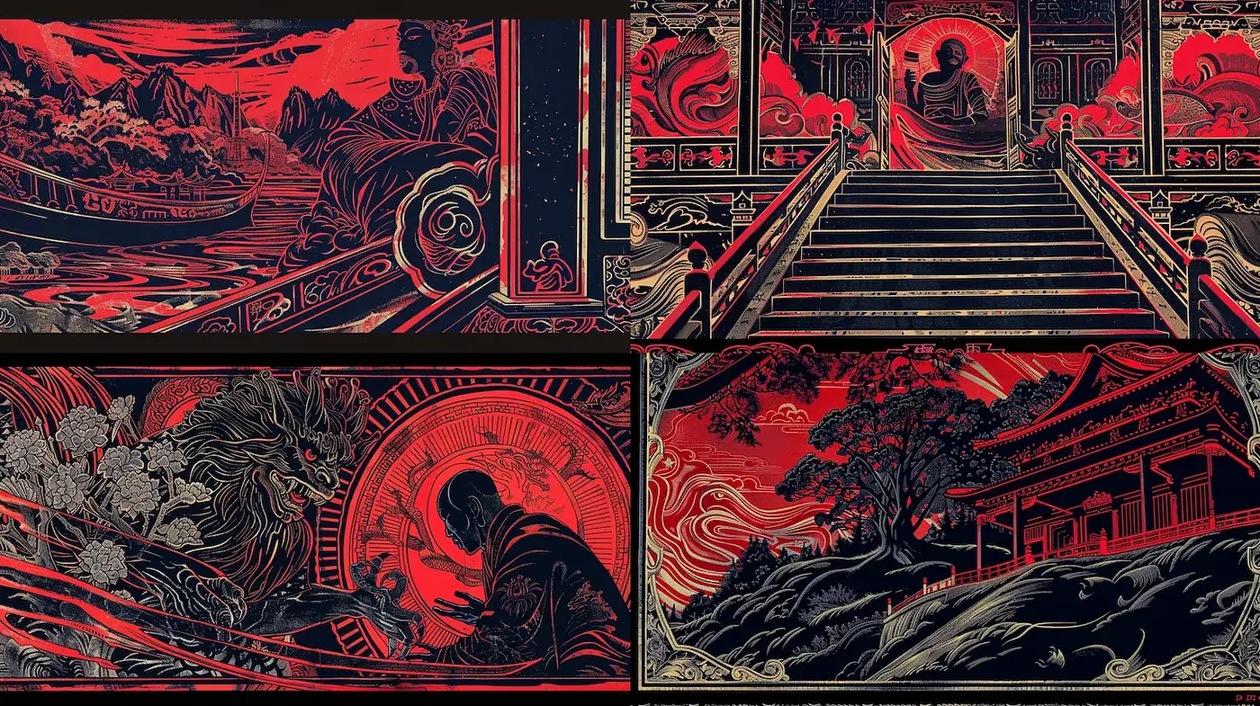 Intricate and Dramatic Eastern-Themed Illustrations with a Vibrant Palette - Midjourney sref style