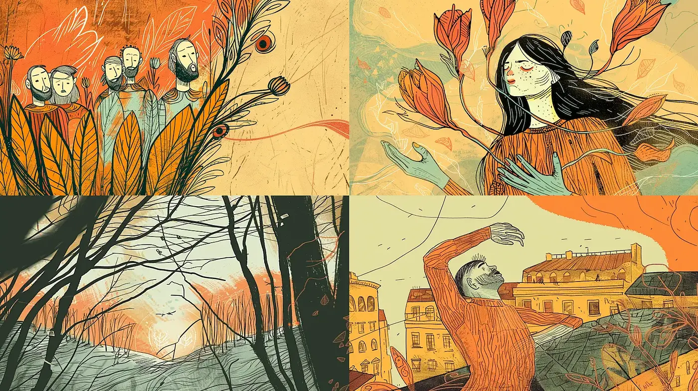 Whimsical Illustrations Blending Nature and Humanity - Midjourney sref style