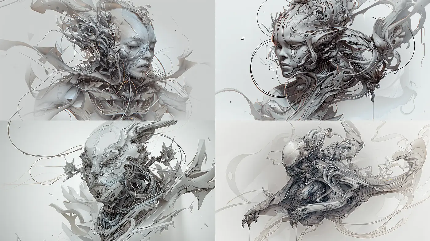 Ethereal Monochrome Fluidity: A Synthesis of Dynamic Swirls and Serene Faces - Midjourney sref style
