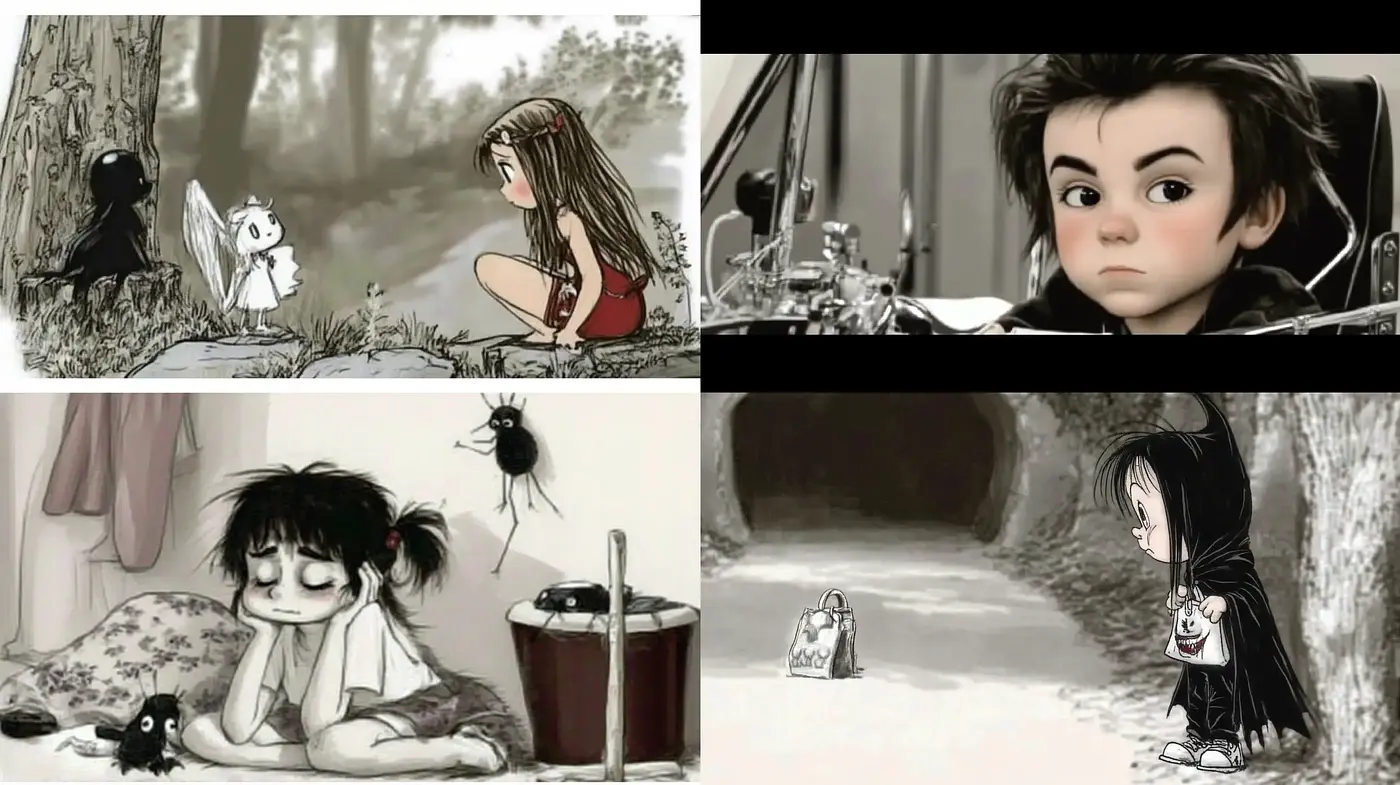 Monochromatic Whimsy with a Touch of Tim Burton-esque Melancholy - Midjourney sref style