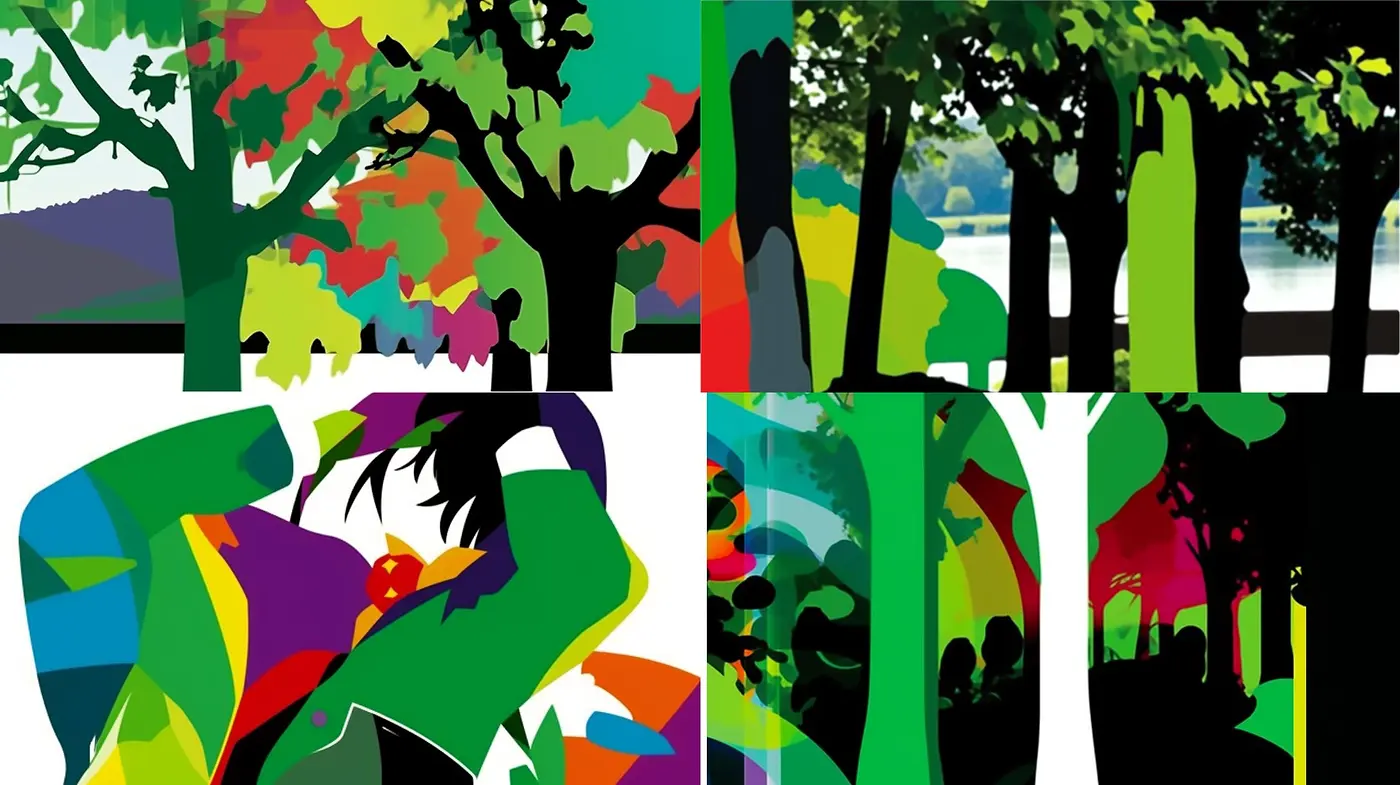 Vibrant Silhouette Fusion: A Study in Vivid Contrasts and Abstract Figuration - Midjourney sref style