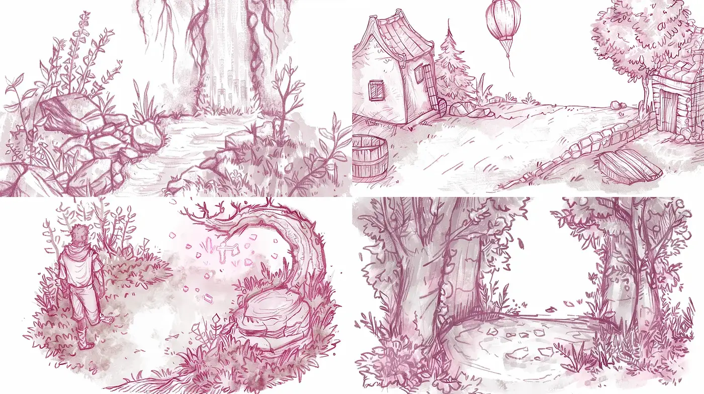 Charming illustrations with whimsical nature themes and soft pink tones - Midjourney sref style