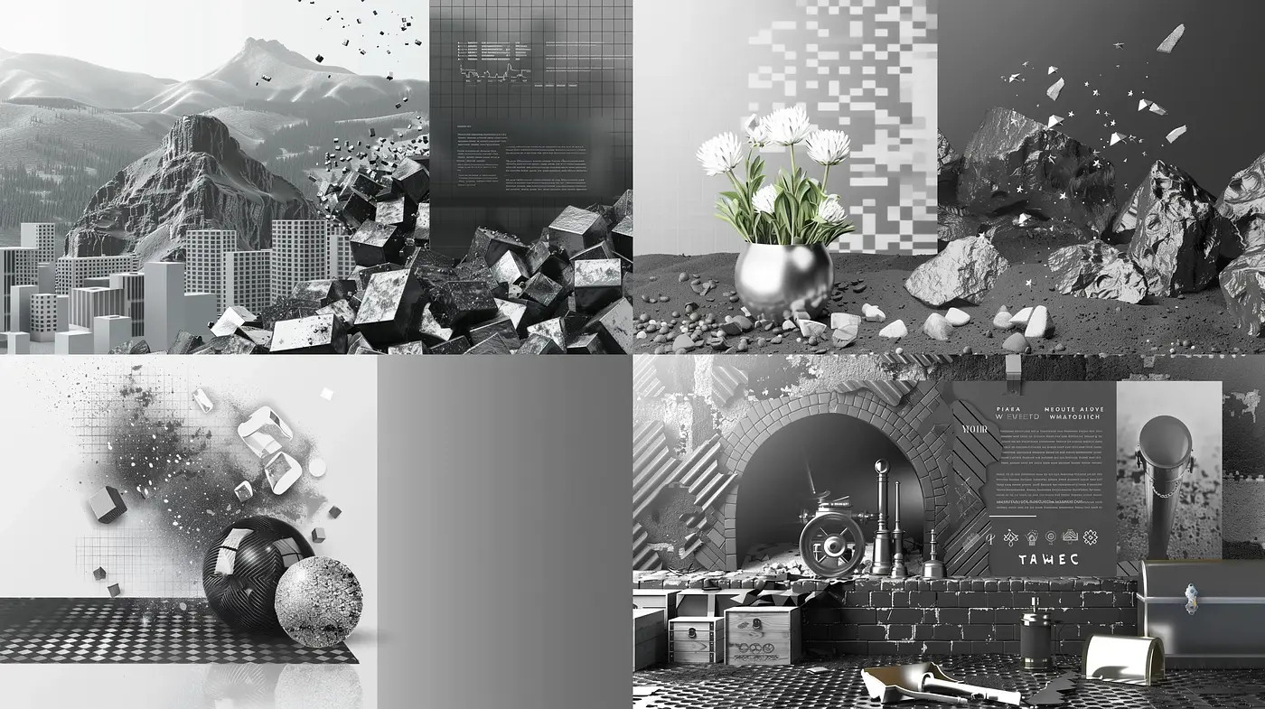 Monochromatic Harmony in Surrealist Digital Landscapes - Midjourney sref style