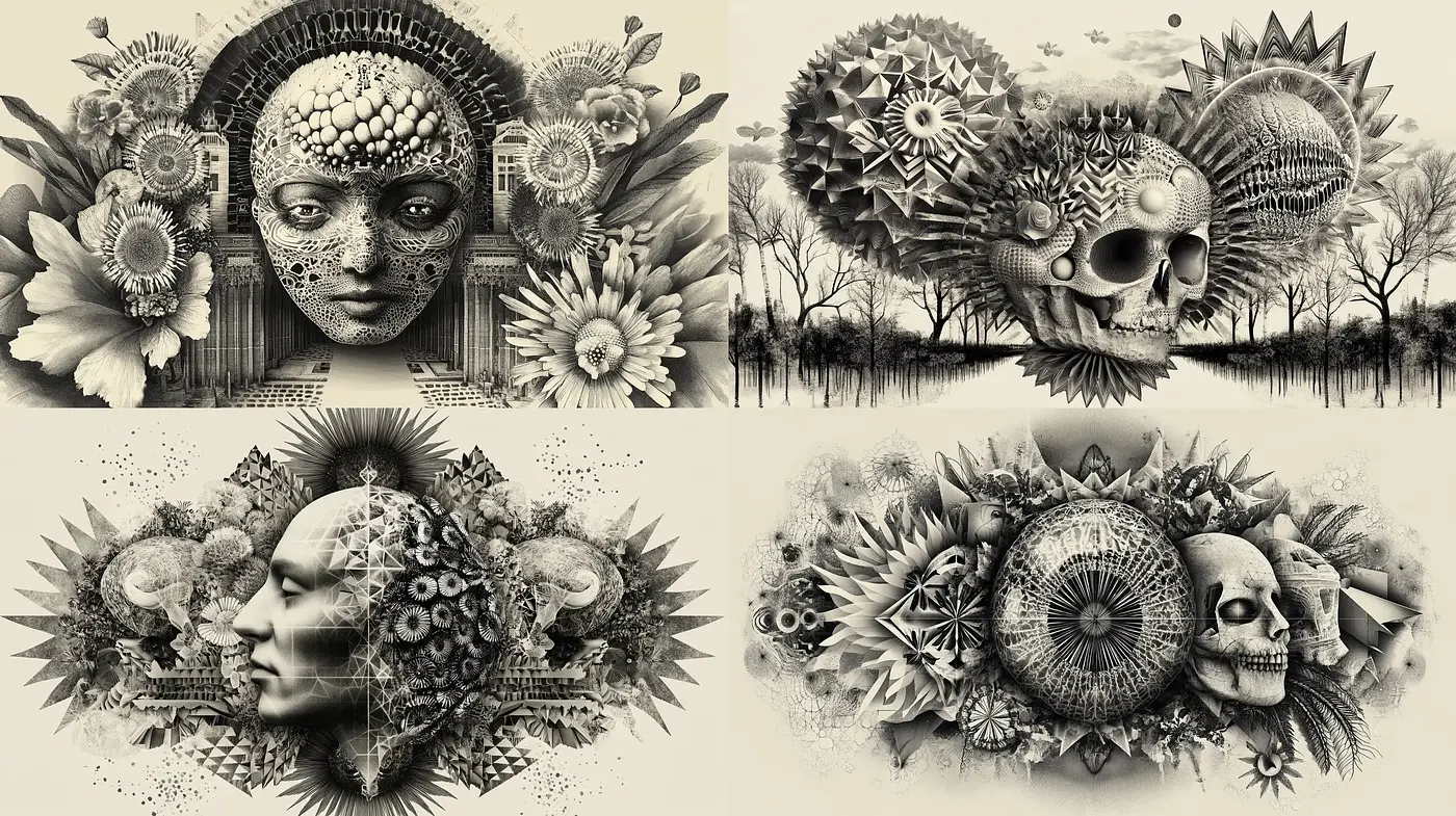 Monochromatic Ethereal Dreamscape of Surrealism and Mechanism - Midjourney sref style