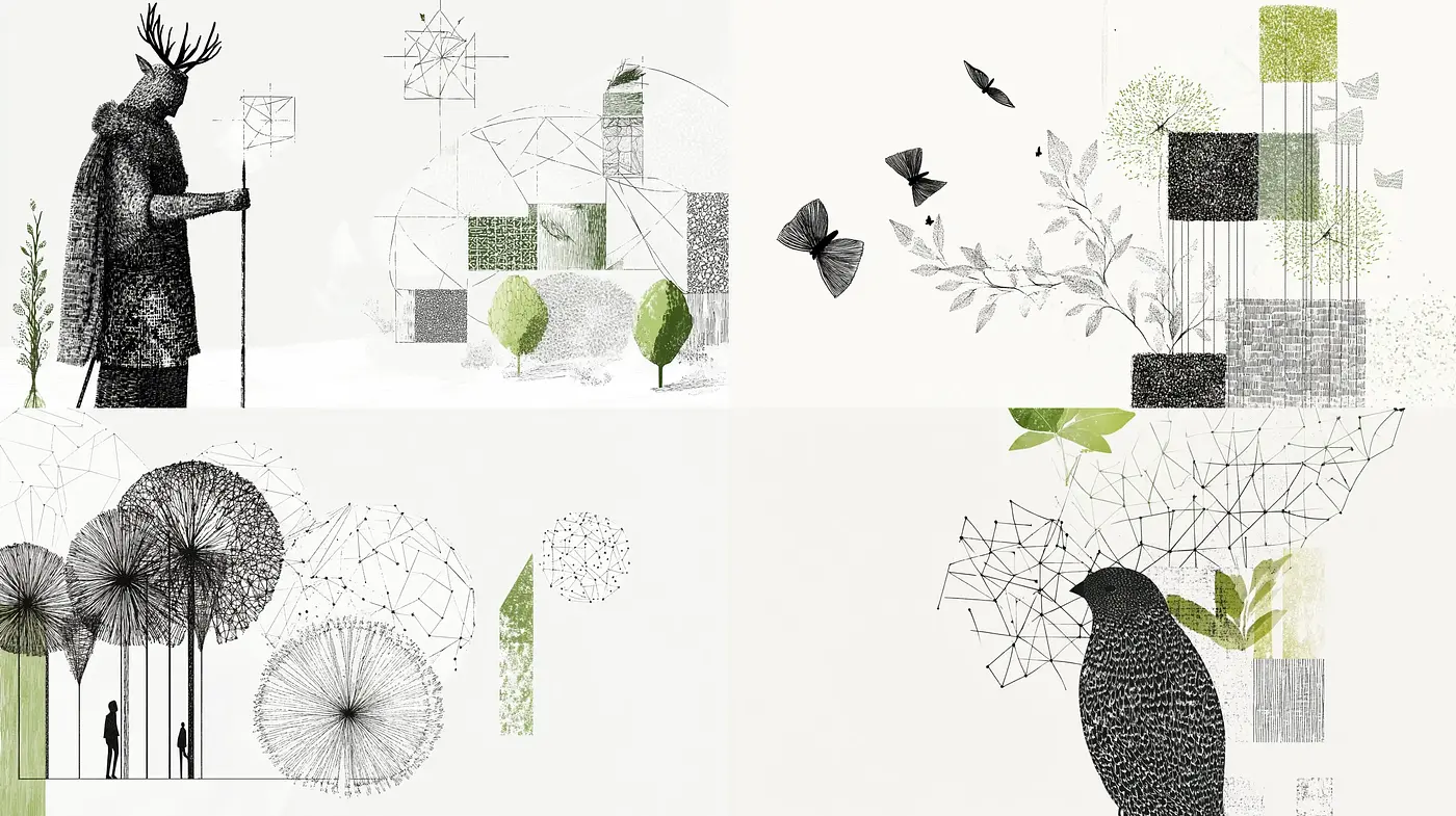 Monochromatic Botanical Fusion with Geometric Overlays - Midjourney sref style