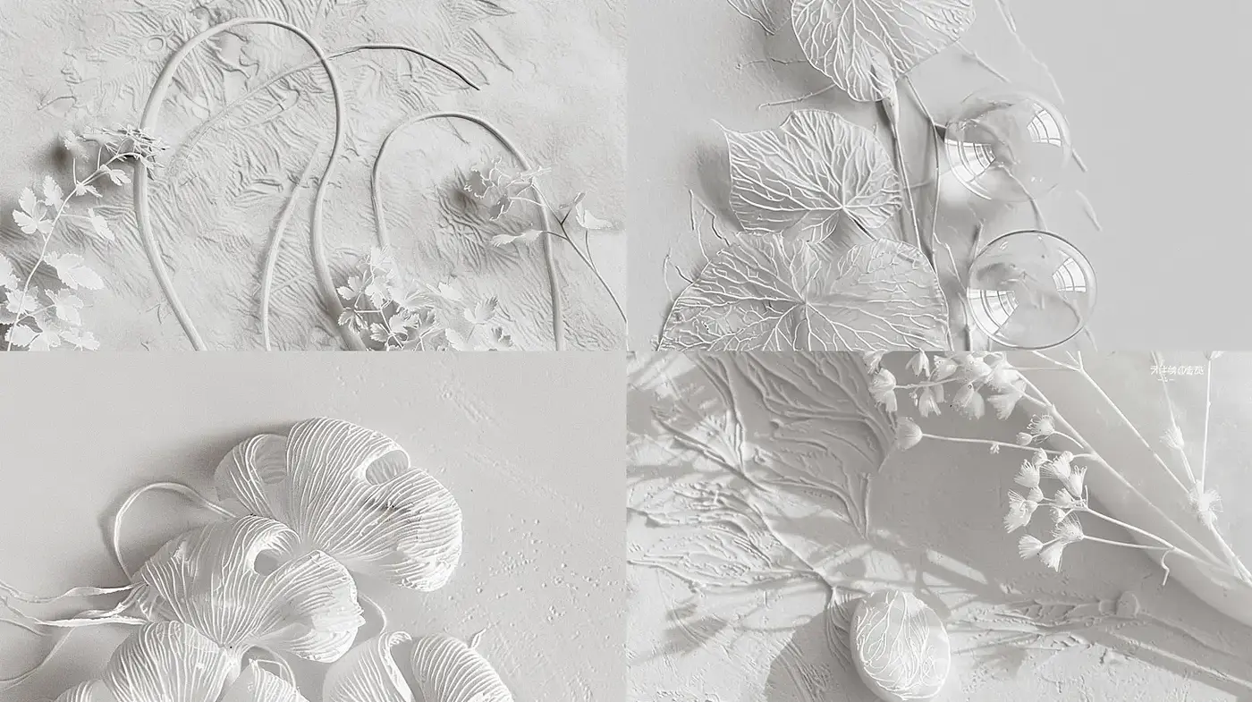 Subtle Monochromatic Textural Elegance with Organic Elements - Midjourney sref style