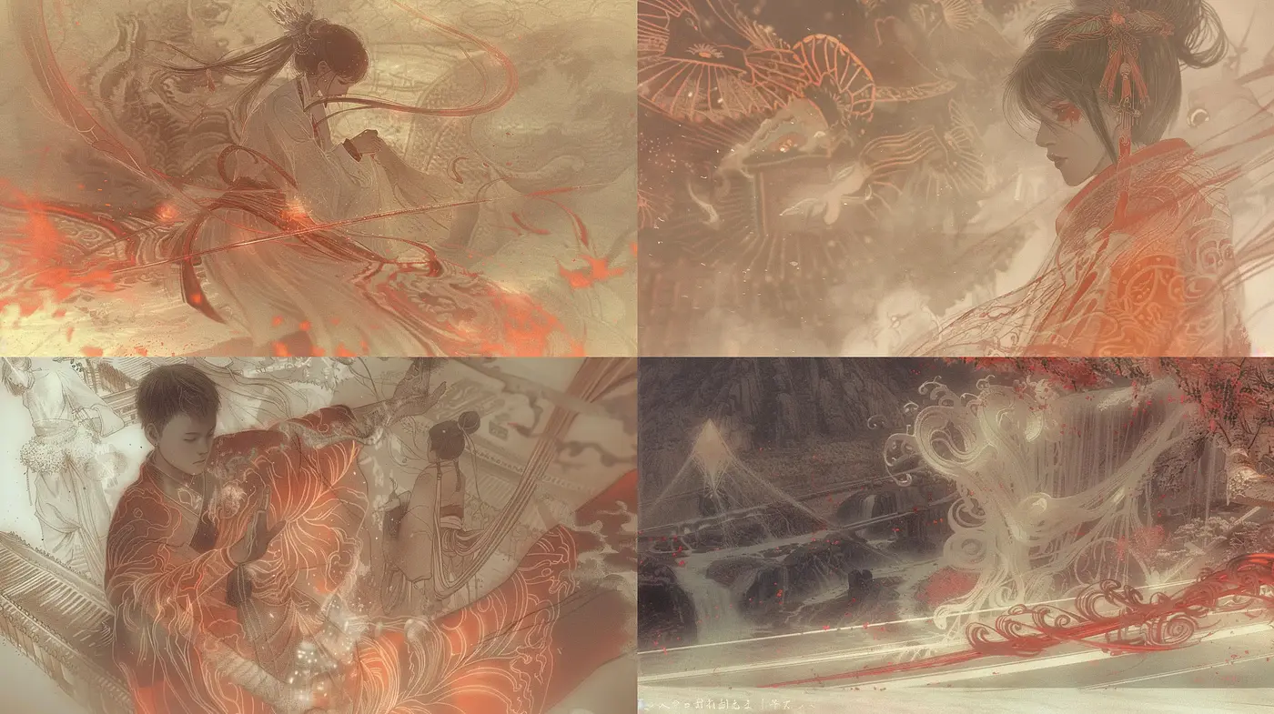 Ethereal Brushwork Infused with Scarlet Wisps and Sepia Veil - Midjourney sref style