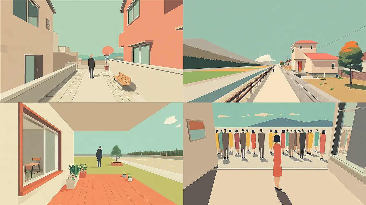 Stylized Architecture and Figures in a Minimalist Palette - Midjourney sref style