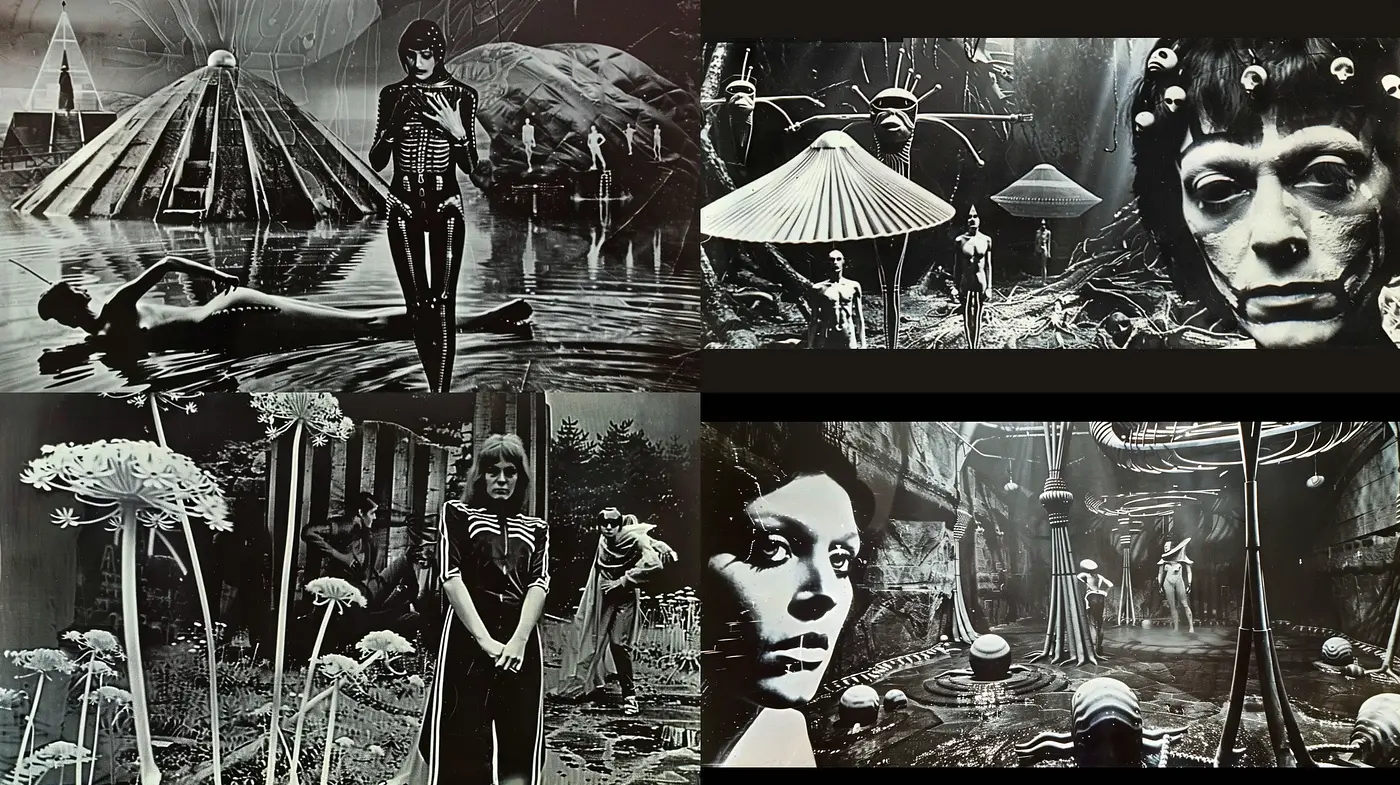 Monochromatic Dreamscape: An Ode to Surrealism and Film Noir - Midjourney sref style
