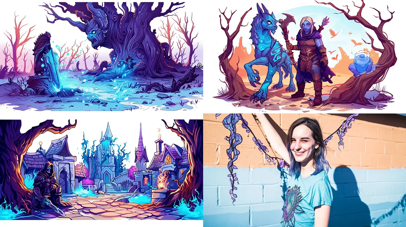 Whimsical Fantasy with Vivid Purples and Dynamic Compositions - Midjourney sref style