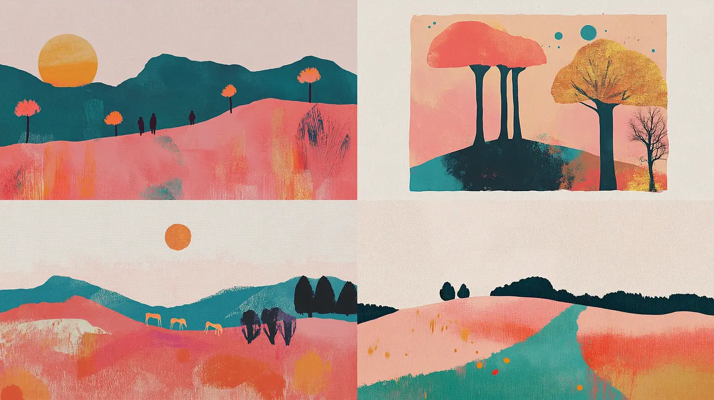 Ethereal Sunset Landscapes with Textured Pastel Harmony - Midjourney sref style