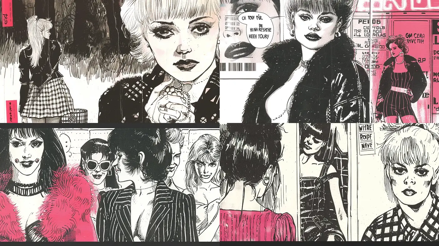 Retro-Inspired Monochromatic Fashion Illustrations with Pop Culture Essence - Midjourney sref style