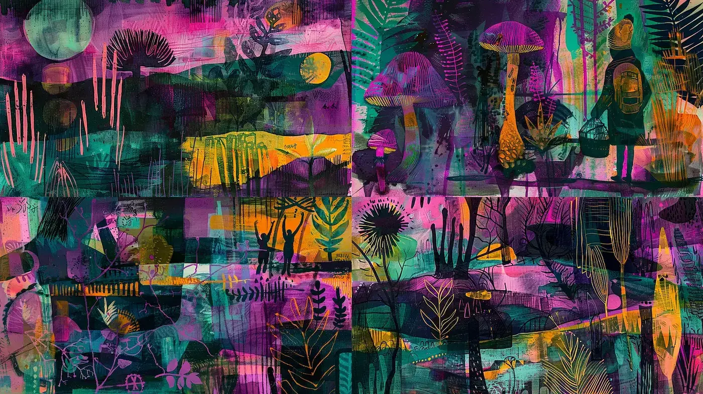 Vibrant and whimsical botanical art with a dreamlike quality - Midjourney sref style