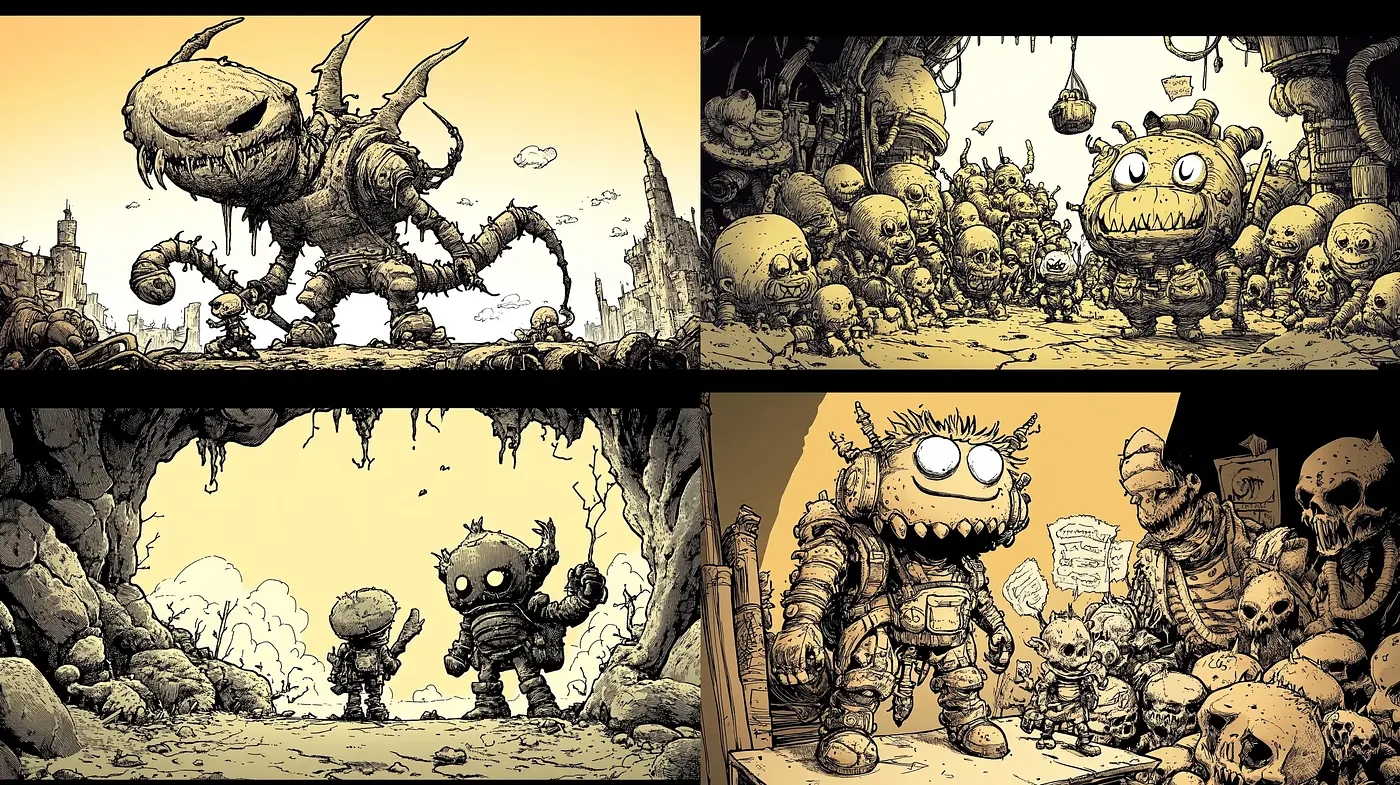 Sepia-toned Whimsical Monstrosities: A Homage to Surrealist Pen-and-Ink Illustration - Midjourney sref style